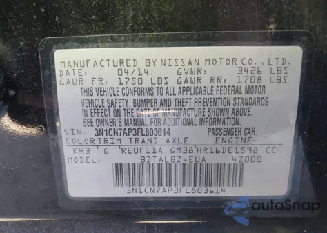 2015 Nissan Versa 1.6 Sv from USA, damaged, VIN 3N1CN7AP3FL803614
